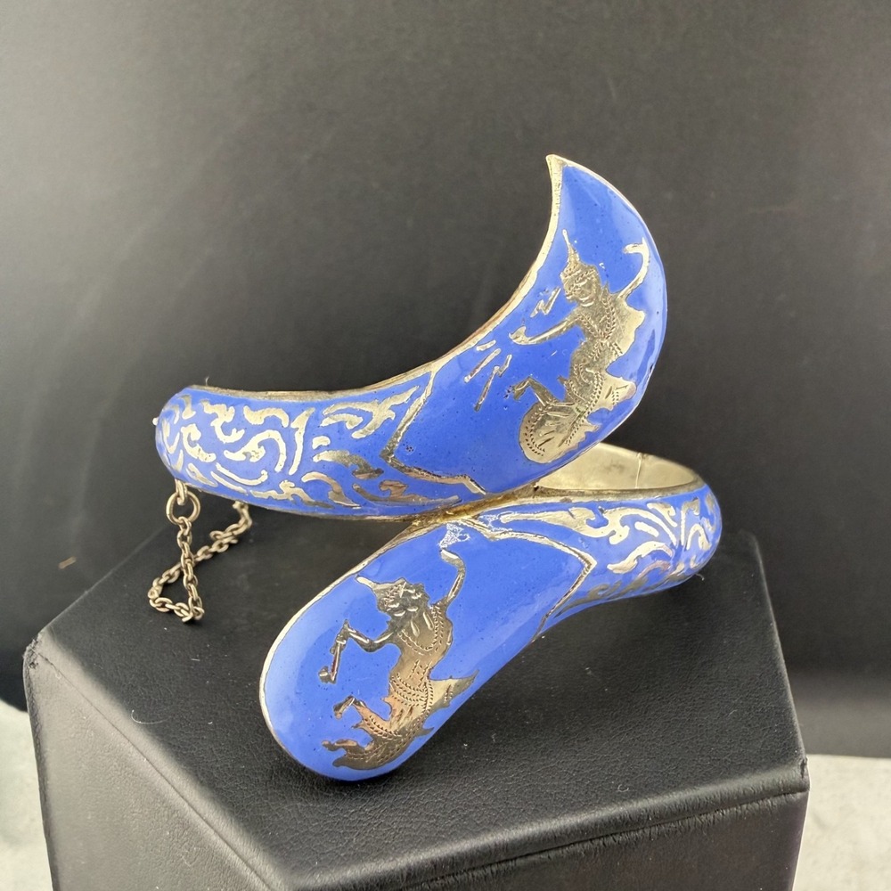 Vintage Sterling‎ Silver Bracelet Cornflower Blue Enamel Niello Dancer Siam 7.5
